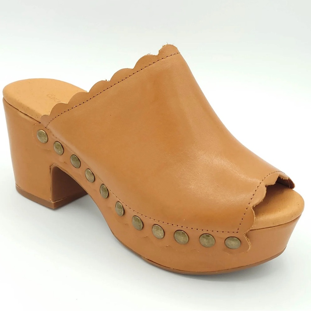 Chocolat Blu Gold Cognac Leather Scalloped Mules